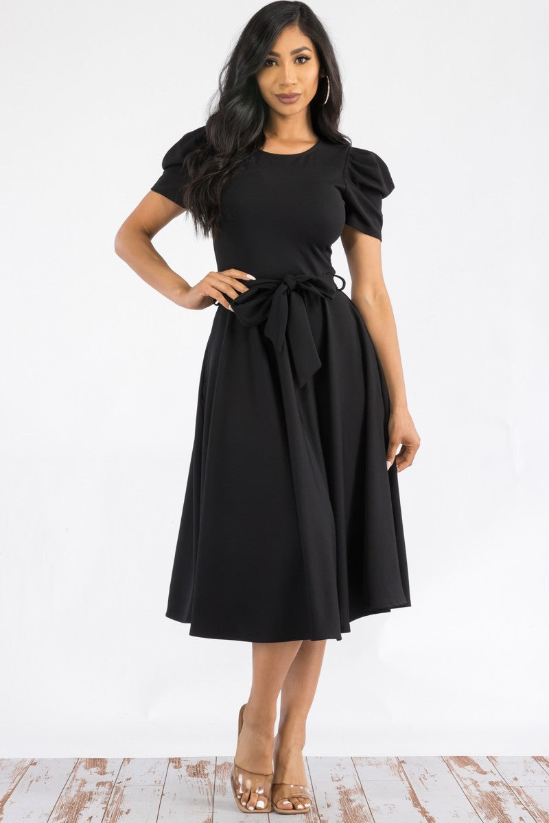 Women's Plain Puff Sleeve Midi Cocktail Dress with Pockets for