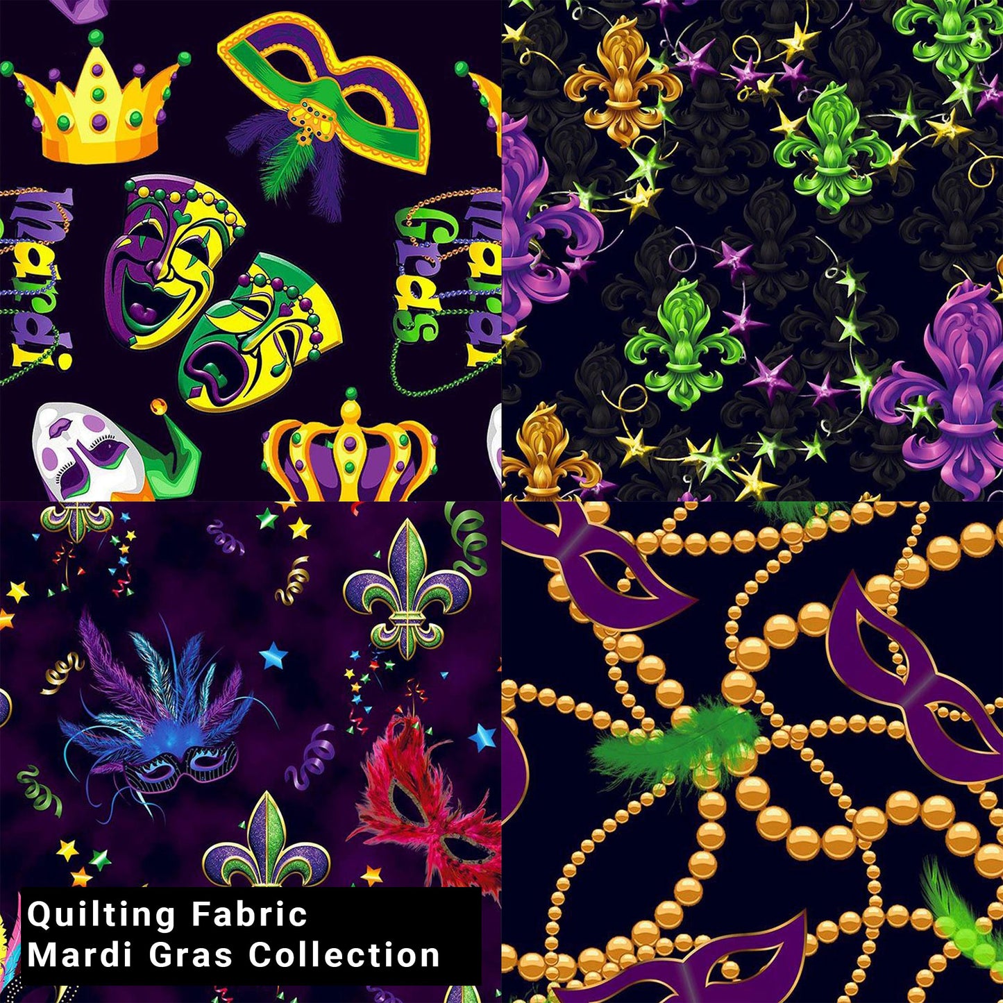 44" Wide 100% Cotton No Stretch Quilting Fabric-Printed Designs for Sewing, Clothing, Crafts, Accessories, Home Decor, and DIY Projects (Quilting Fabric- Mardi Gras Collection)