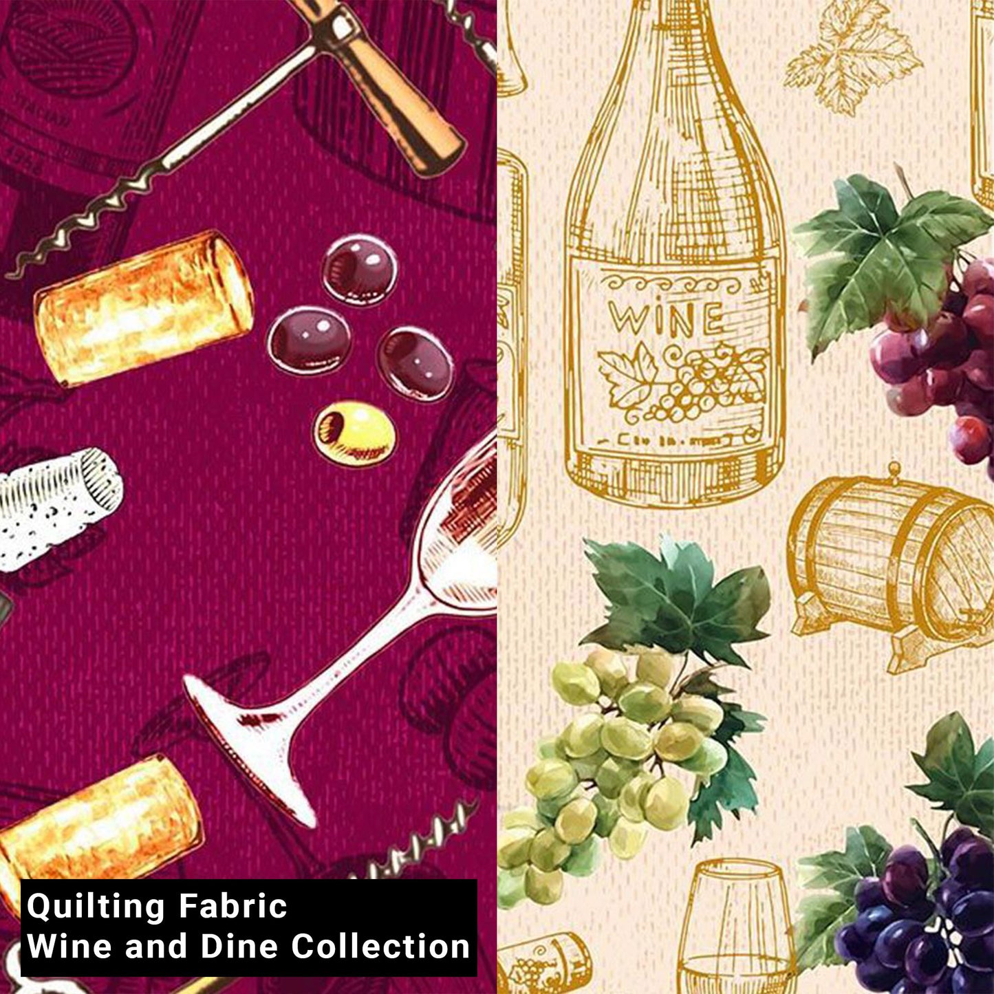 44" Wide 100% Cotton No Stretch Quilting Fabric-Printed Designs for Sewing, Clothing, Crafts, Accessories, Home Decor, and DIY Projects (Quilting Fabric- Wine and Dine Collection)