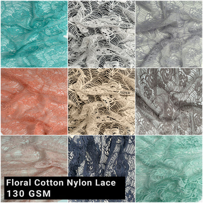 58" Floral Cotton Nylon Lace Fabric by the Yard - 120GSM, Lightweight, Non-Stretch, Breathable - Ideal for Apparel, Accessories, Lingerie, Bridal & DIY Projects-(SKU-308)