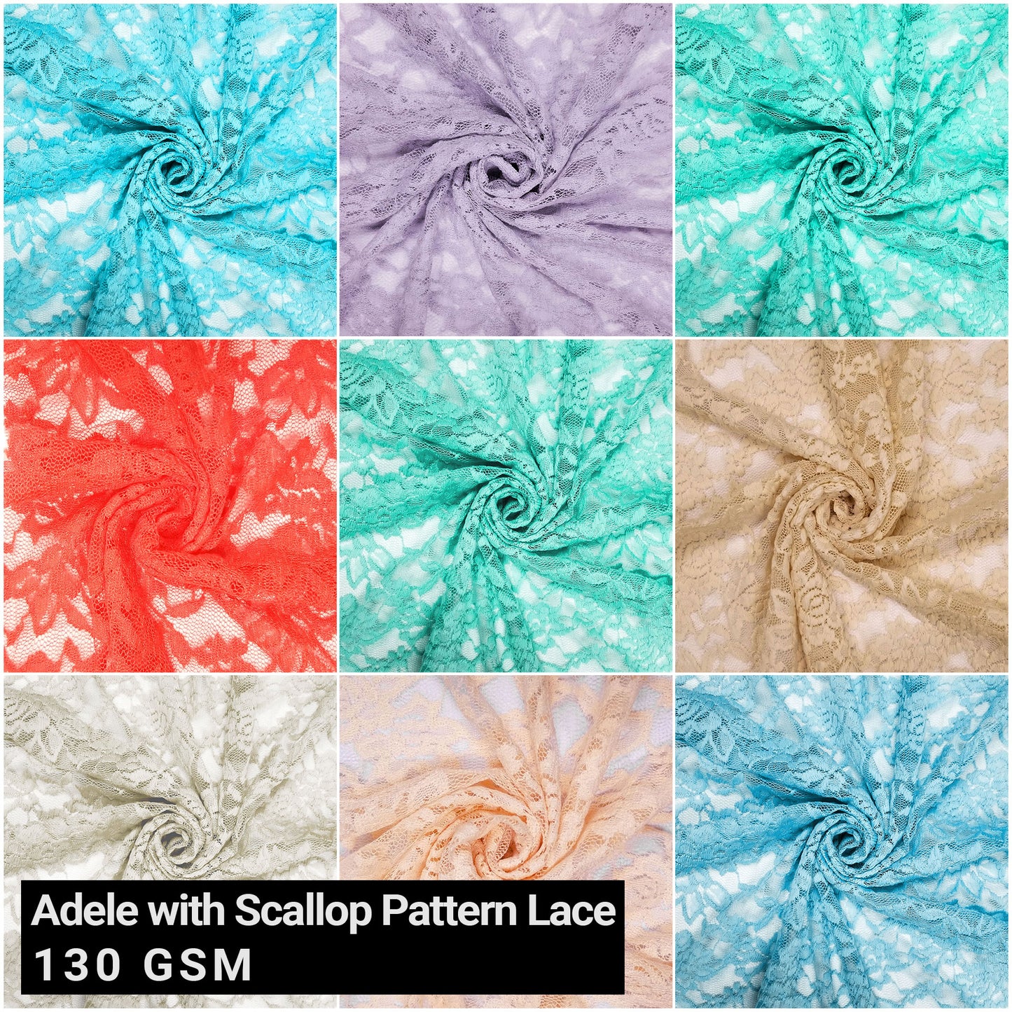 57" High Quality Lace Fabric Nylon Spandex Blend Adele with Scallop Pattern 130gsm - By the Yard - (SKU-312)