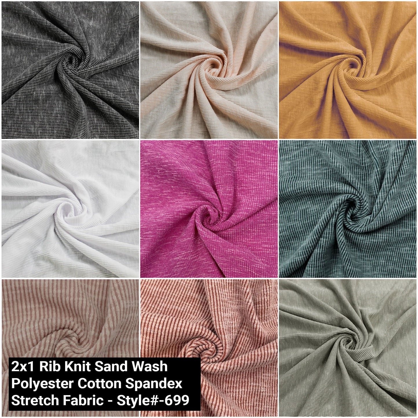 54"Wide Solid 2x1 Rib Knit Sandwash Polyester Cotton Spandex Stretch Fabric by the Yard - (SKU-699)