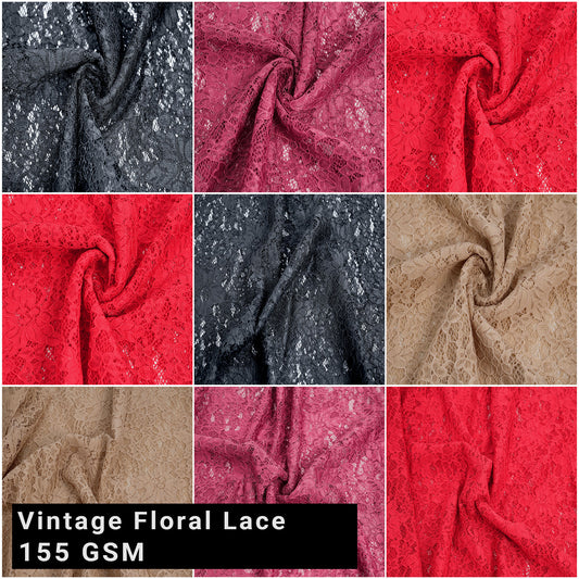 60" Wide Nylon Spandex Vintage Floral Lace with Scallop Cut, 2-Way Stretch (145GSM) Fabric by the Yard – Anti-Wrinkle, Breathable - Ideal for Bridal Gowns & DIY-(SKU-710)