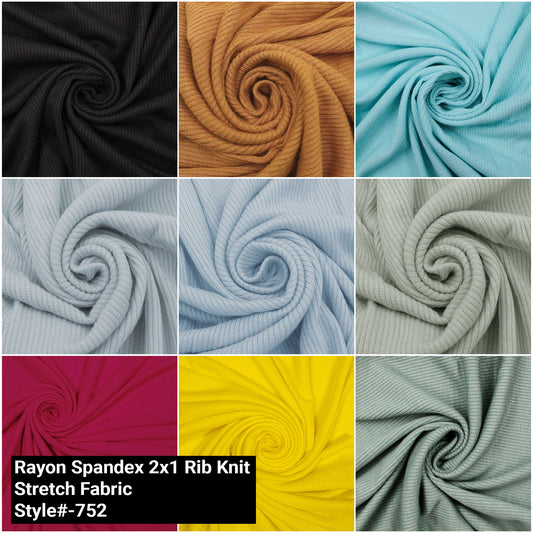 58" Solid Rayon Spandex 2x1 Rib Knit  Stretch Fabric 220gsm - by the Yard - (SKU-752)