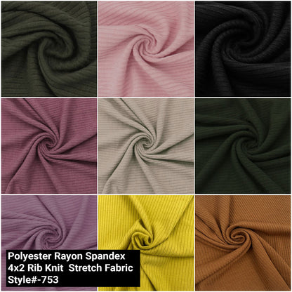 58" Solid Color Polyester Rayon Spandex 4x2 Rib Knit  Stretch Fabric 250gsm - by the Yard - (SKU-753)