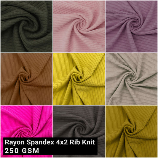 58" Solid Color Polyester Rayon Spandex 4x2 Rib Knit  Stretch Fabric 250gsm - by the Yard - (SKU-753)