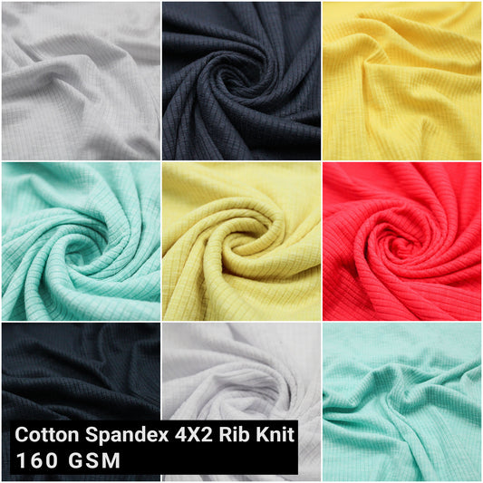 55" Width Solid Color Polyester Cotton Spandex 4X2 Rib Knit Fabric by the Yard - 160gsm- (SKU-788)