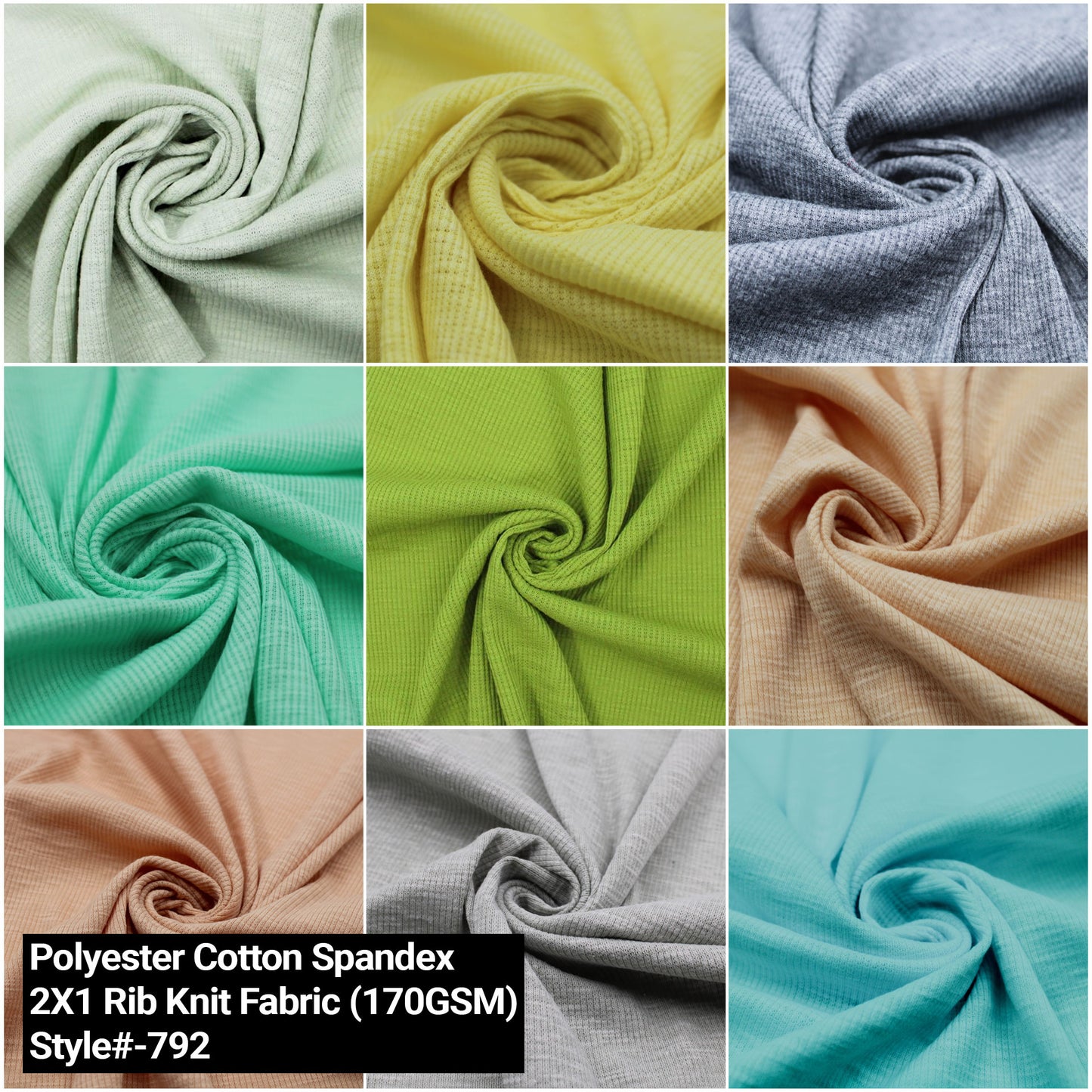 55" Width Solid Color Polyester Cotton Spandex 2X1 Rib Knit Fabric by the Yard - 170gsm- (SKU-792)