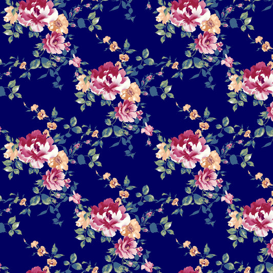 Navy Floral Pattern Printed Rayon Spandex Jersey Knit Fabric by the Yard