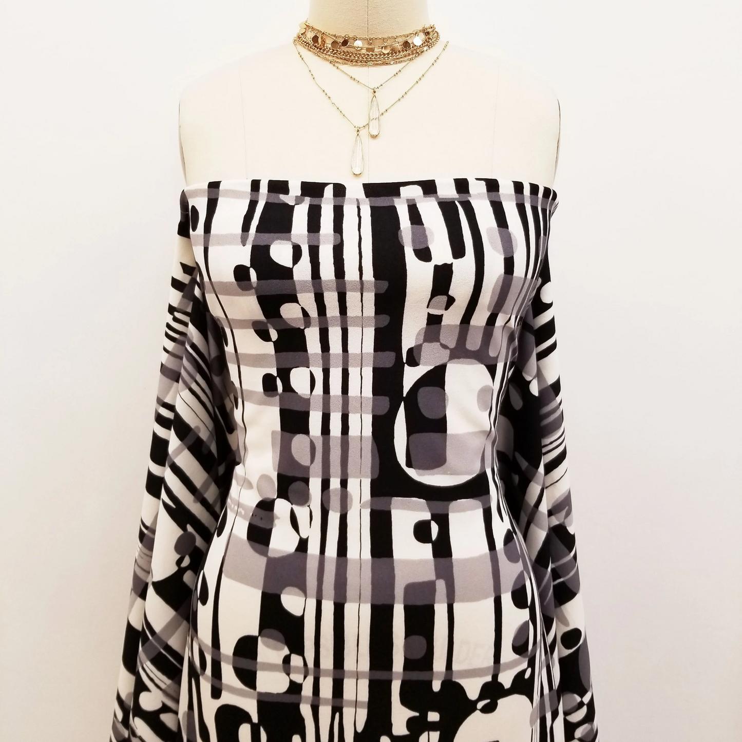 Black Off White Abstract Pattern on Scuba Crepe Knit Fabric by the Yard- Style P1113-702