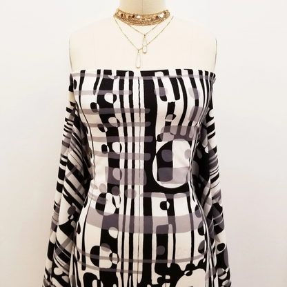Black Off White Abstract Pattern on Scuba Crepe Knit Fabric by the Yard- Style P1113-702