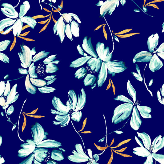Navy Color Large Floral Pattern Printed Rayon Spandex Jersey Knit Fabric by the Yard