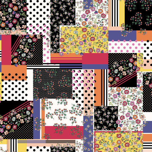 Black Royal Gold Patchwork Pattern Printed Scuba Crepe Techno Knit Fabric by the Yard - Style P-1381-702