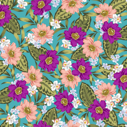 Turquoise Peach Floral Pattern Printed Rayon Spandex Jersey Knit Fabric by the Yard