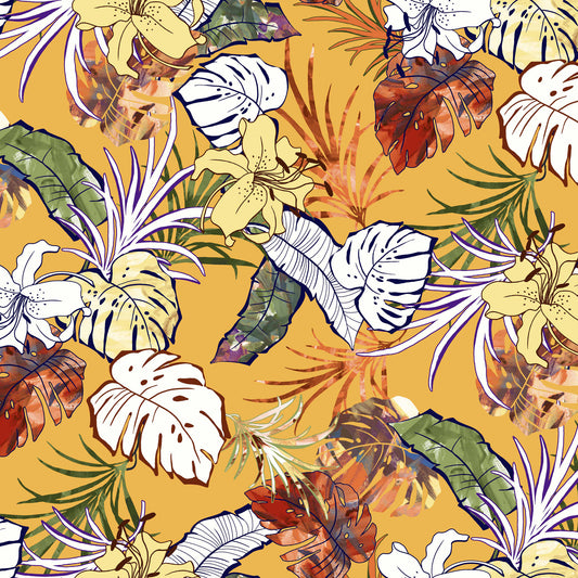 marigold coral sage floral pattern print rayon spandex jersey knit fabric by the yard