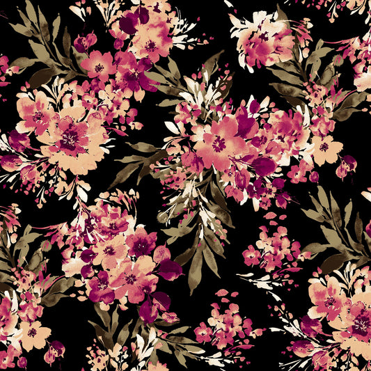 Black coral floral pattern printer rayon spandex jersey knit fabric by the yard