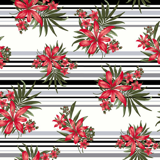 black and red floral with stripes pattern printed in rayon spandex jersey knit fabric, knit fabric
