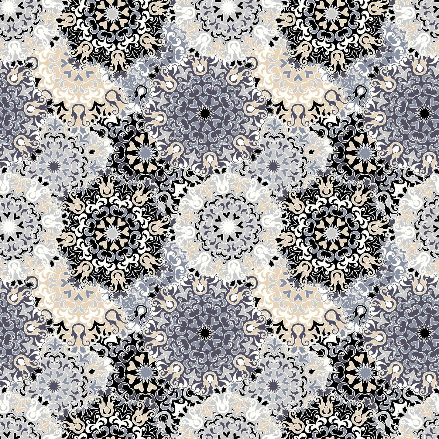 black neutral medallion pattern print rayon spandex jersey knit fabric