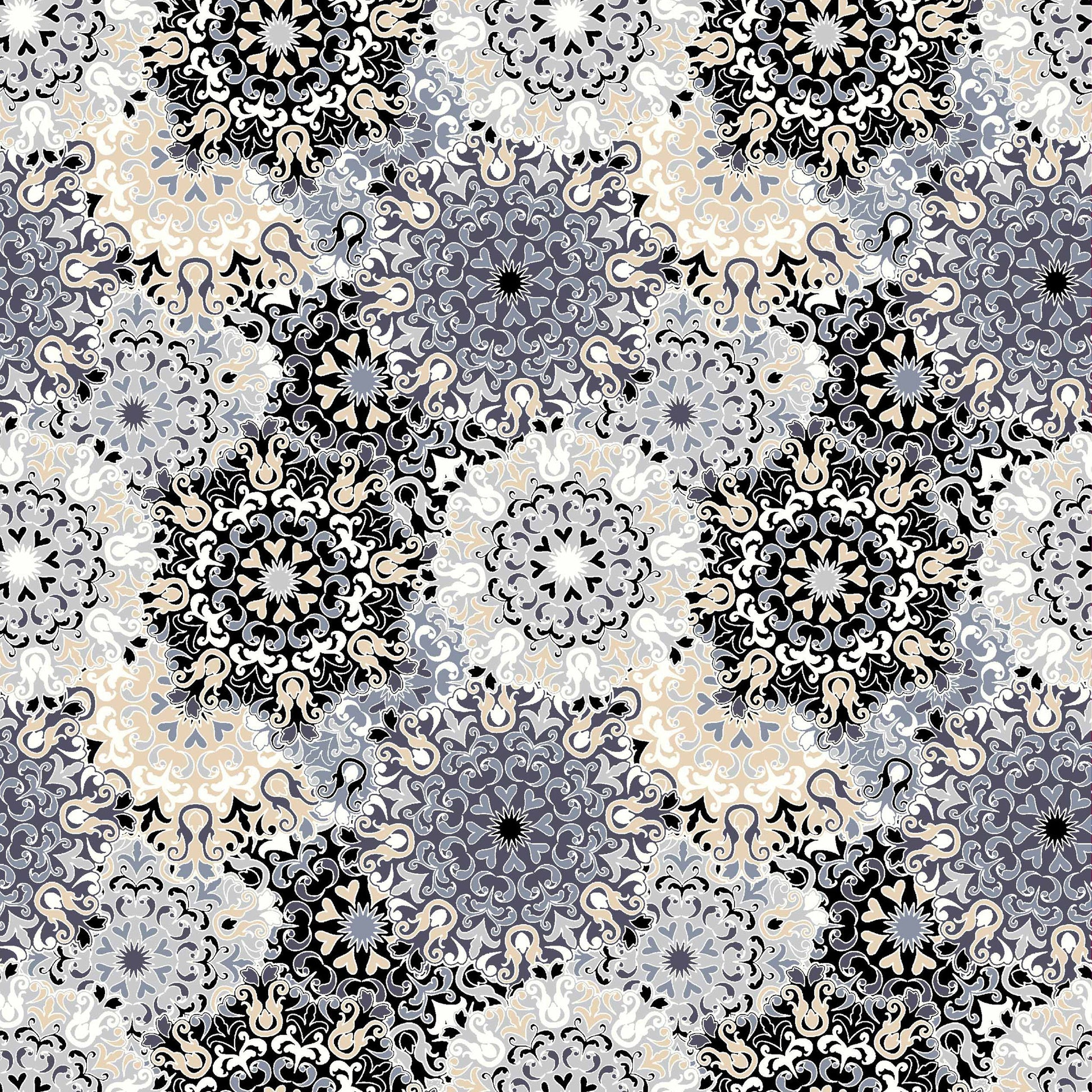 black neutral medallion pattern print rayon spandex jersey knit fabric