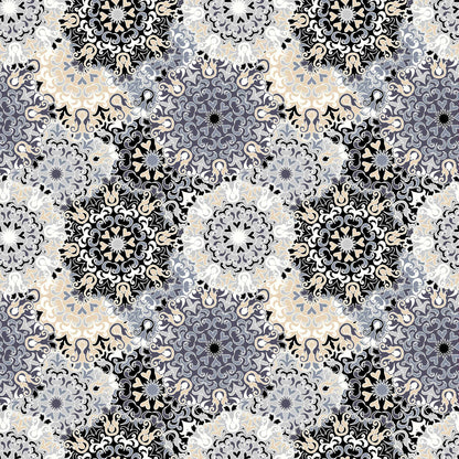 black neutral medallion pattern print rayon spandex jersey knit fabric