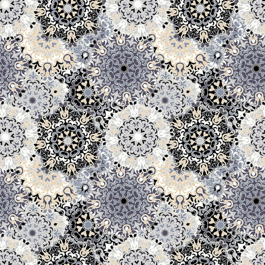 black neutral medallion pattern print rayon spandex jersey knit fabric