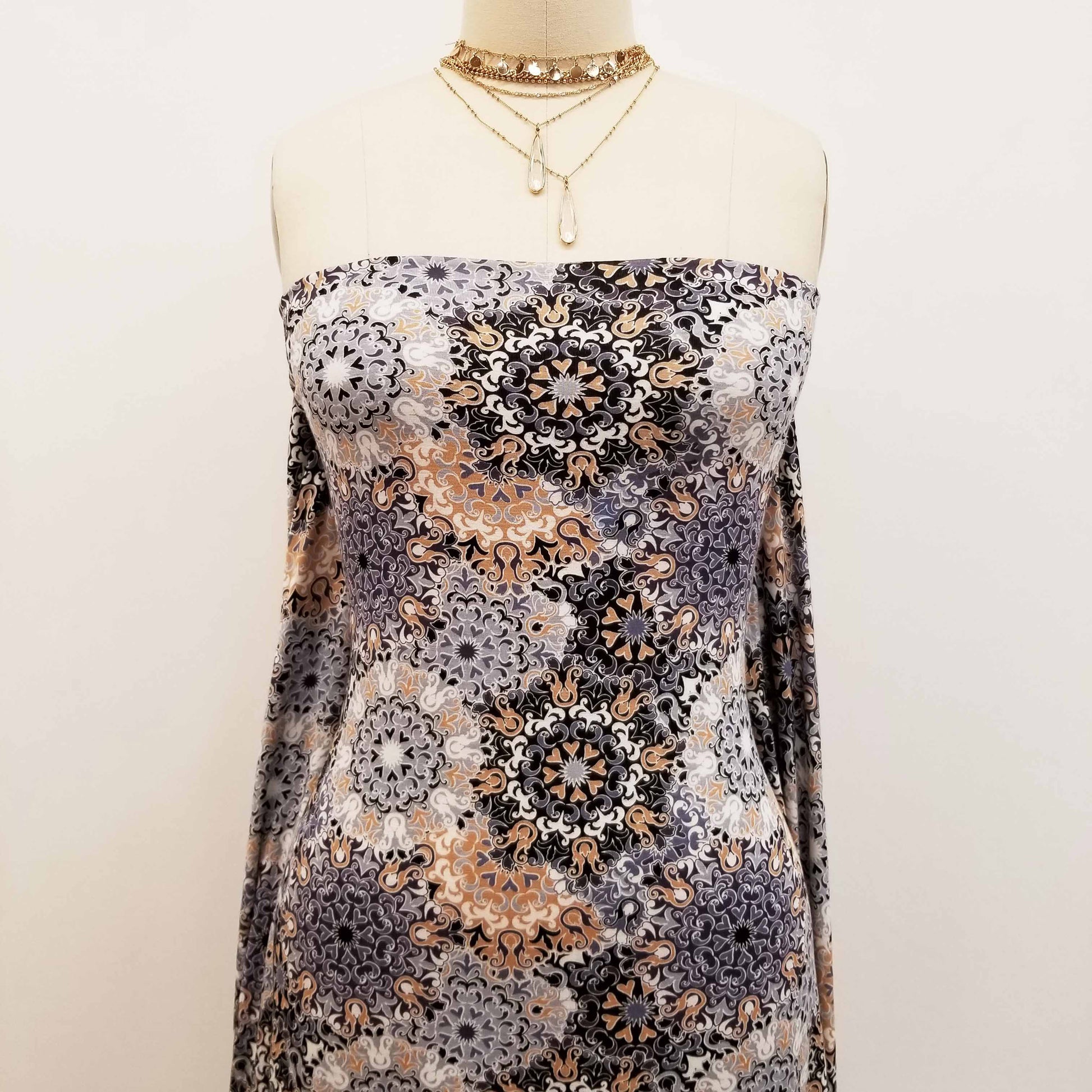 black neutral medallion pattern print rayon spandex jersey knit fabric