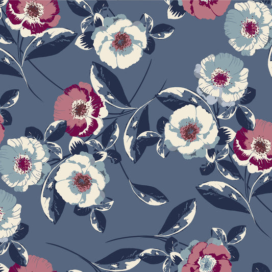 Denim mauve floral pattern print rayon spandex jersey knit fabric by the yard