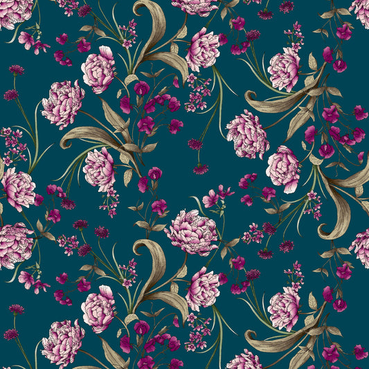 Peacock magenta floral pattern printed rayon spandex jersey knit fabric by the yard