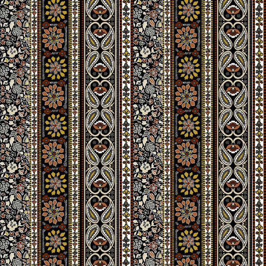 gold rust ethnic pattern printed rayon spandex jersey knit fabric by the yard