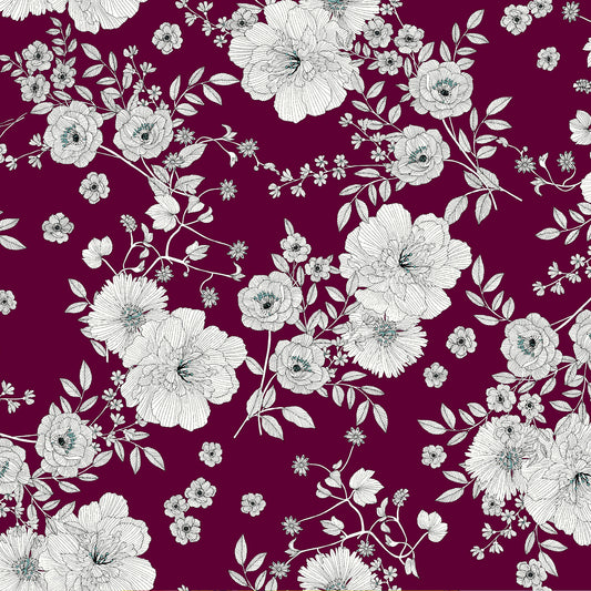 burgundy aqua floral pattern print rayon spandex jersey knit fabric