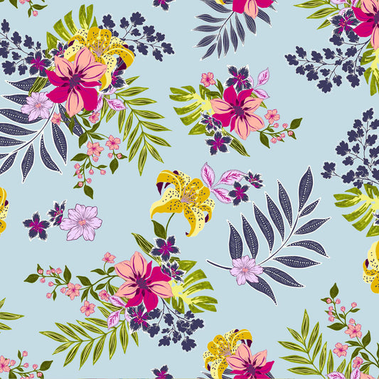 blue floral pattern print jersey knit fabric