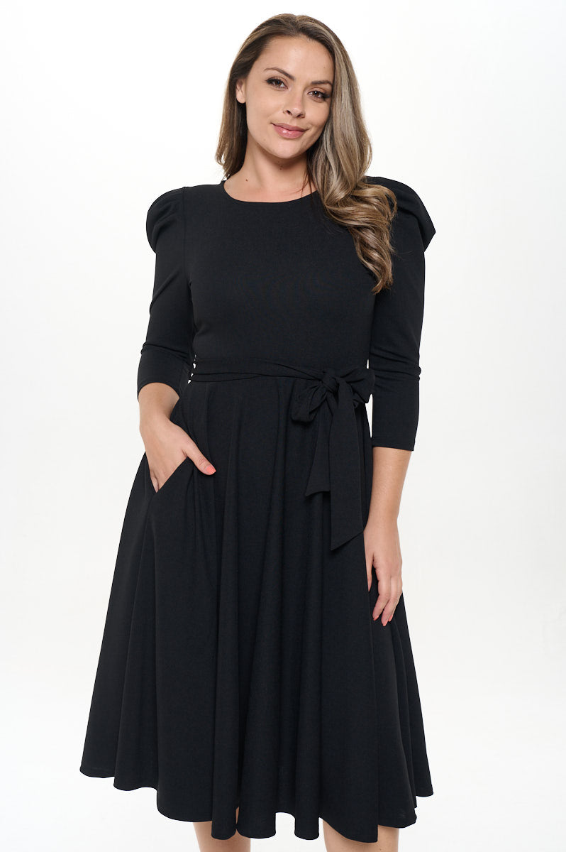 Women's Summer Swing Puff 3/4 Sleeve Midi Cocktail Dress w/Pockets for STYLISH FABRIC INC Women's Summer Swing Puff 3/4 Sleeve Midi Cocktail Dress w/Pockets for STYLISH FABRIC INC