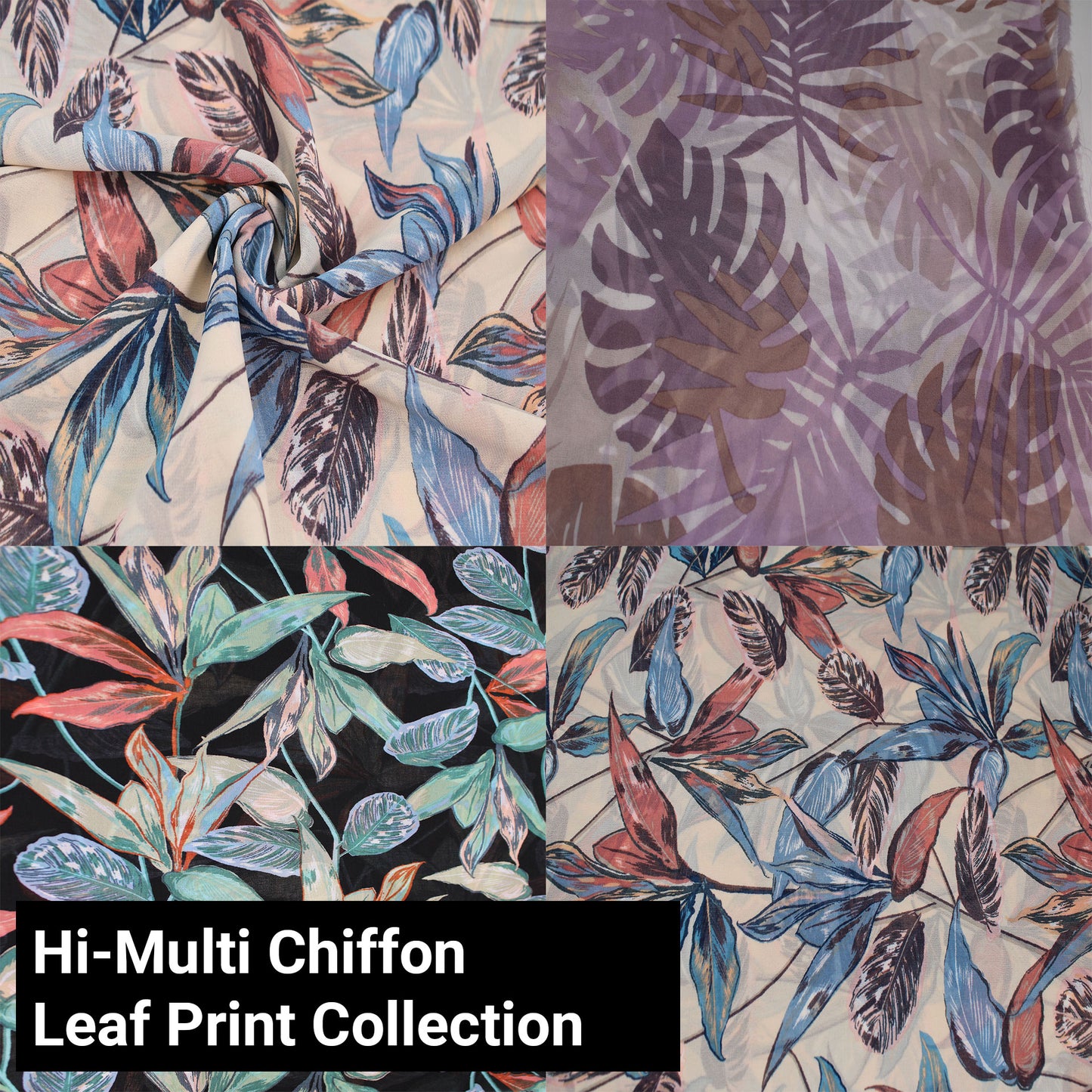 58" Leaf Pattern Printed Hi-Multi Chiffon Fabric by the Yard - 100% Polyester  - Lightweight 85gsm - Continuous up to 100 yards (Leaf Print Collection)