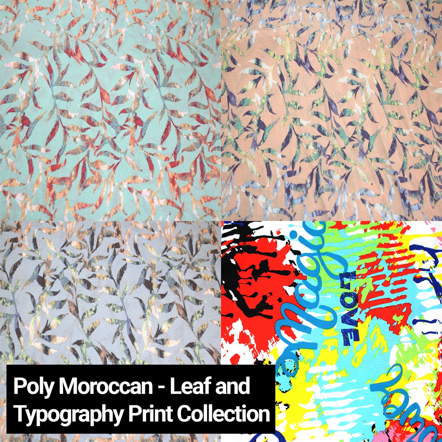 59" Printed Poly Moroccan Fabric by the Yard - 120gsm - continuous up to 100 yards(Leaf and Typography Print Collection)