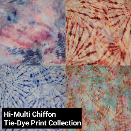 58" Tie Dye Pattern Printed Hi-Multi Chiffon Fabric by the Yard - 100% Polyester  - Lightweight 85gsm - Continuous up to 100 yards  (Tie-Dye Print Collection)